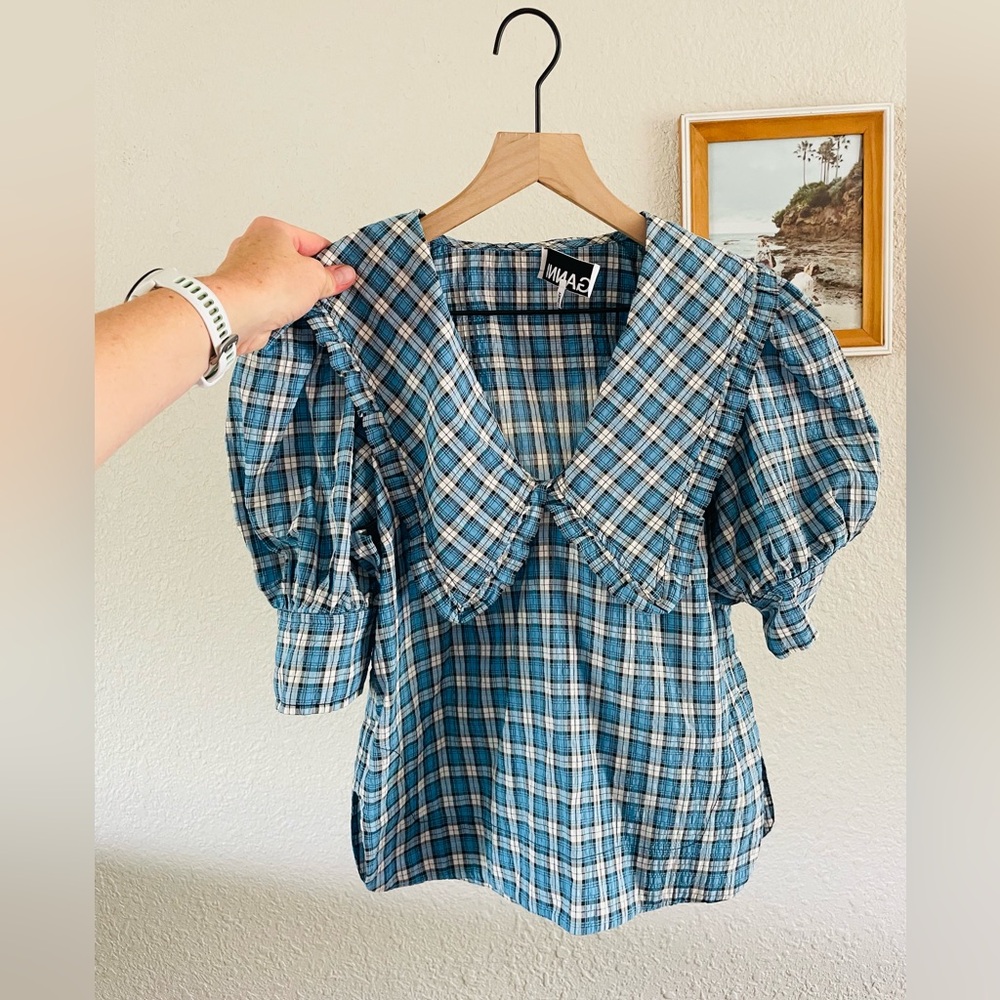 GANNI Seersucker Check V-Neck Ruffle Blouse in Azure Blue - Picture 5 of 14
